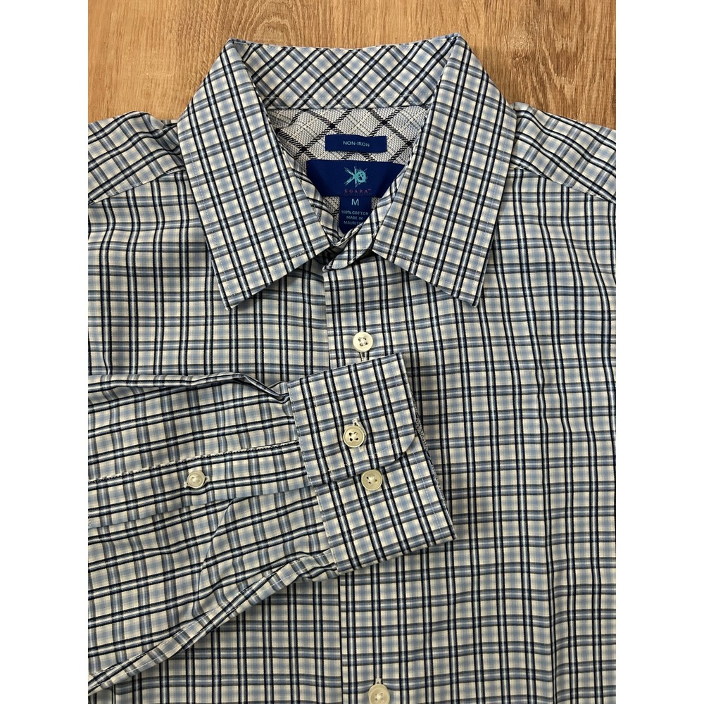 Egara Mens Blue Plaid Button Up Cotton Non-Iron Shirt Medium Preppy Dress
